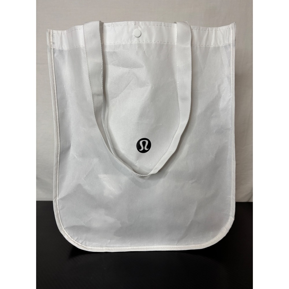 Lululemon Reusable Shopping Tote Bag White Black Small Logo Snap Closure